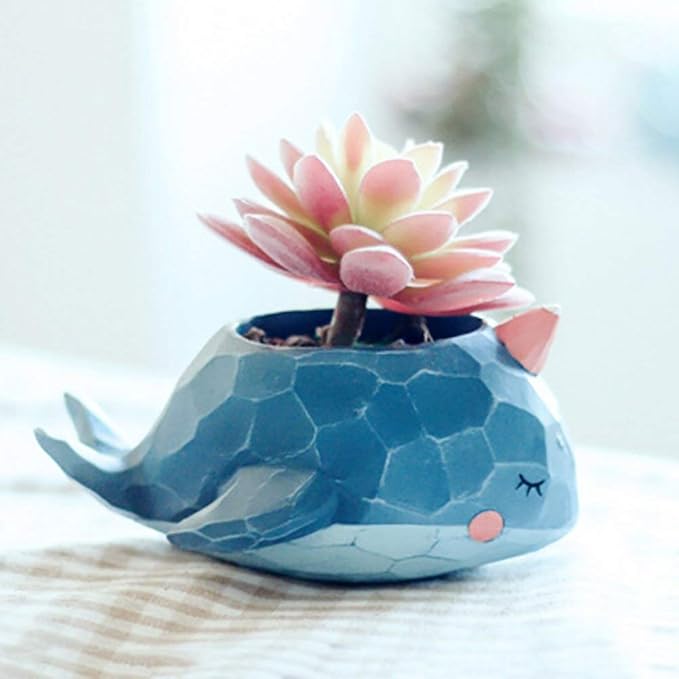 Cute Resin Whale Meaty Pot by SWONVI, Succulent Pots with Drainage Resin Mini Flower Pot Garden Plants Vase Desk Flower Decoration (Whale)