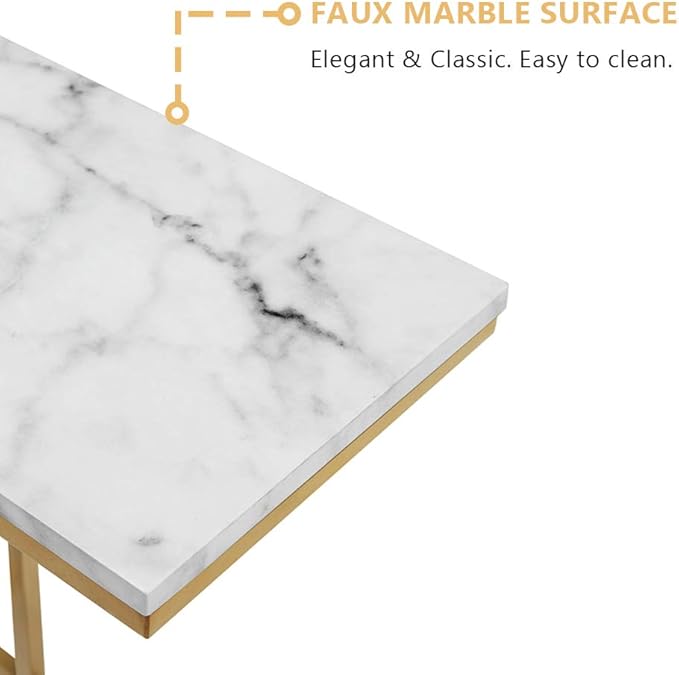 ROSEN GARDEN C-Shape Side End Table Set, Faux Marble Tray Snack Table with Metal Frame, Laptop Coffee Holder, Modern Furniture