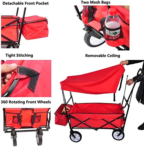 Garden Shopping Beach Cart Folding Wagon with Umbrella Accessories Package for Camping Wagon Camping Outdoor Picnic Beach red One Size