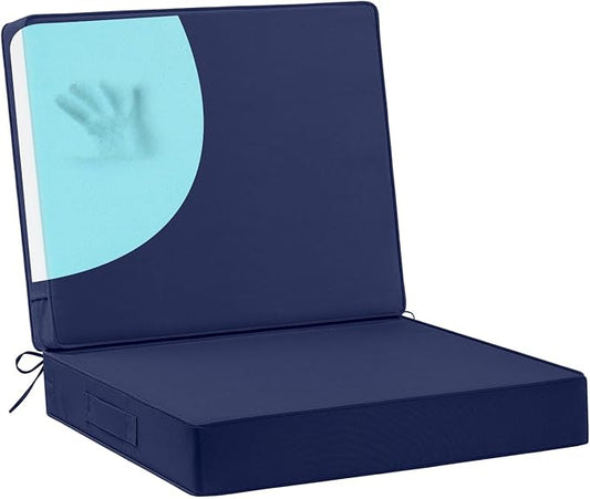 Waterproof Outdoor Chair Cushions 22x22, Memory Foam Outdoor Cushions for Patio Furniture with Removable Cover, Deep Seat Cushions for Outdoor Furniture with Ties and Handle, Navy