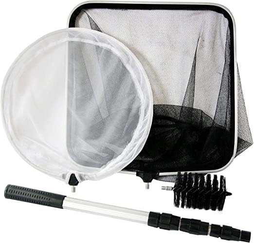 Koi Fish Pond & Water Garden Care Set with Telescoping Adjustable Pole, Pond Cleaning Care Kit, 4-in-1 Net Set Includes Scrubbing Brush, Skimming Net & Fish Catching Net with 6 FT Telescopic Pole