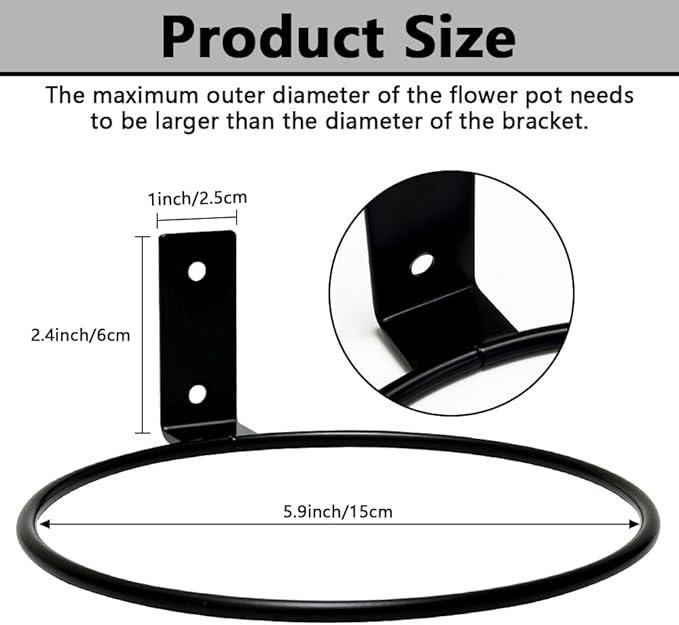 8 Pack 6 Inch Wall Mounted Plant Holder, Heavy Duty Flower Pot Holder Ring, Rust Resistant Wall Plant Holder for Indoor and Outdoor Flower Pots, Garden, Fence Balcony, Home (Black)