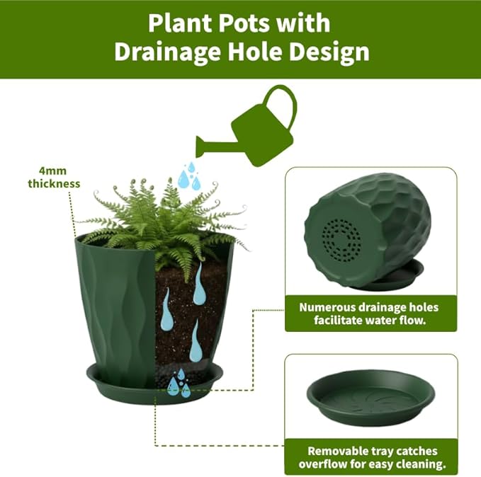 Plant Pots 8 Inch, 6 Pack Plastic Flower Pots for Indoor & Outdoor Plants, Planters with Drainage Holes and Saucer, Garden Pot for Plants (Deep Green)