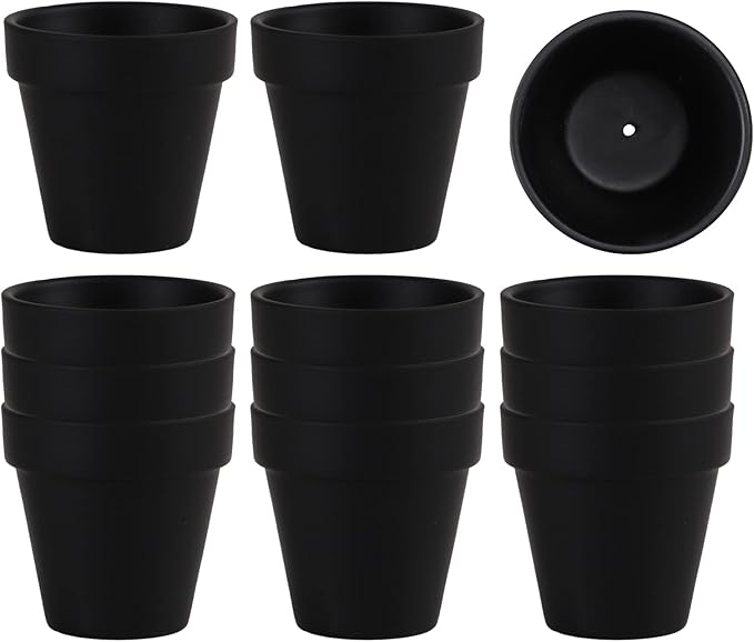 12 PCS Small Mini Black Clay Pots with Drainage Holes, 2.5inch Terra Cotta Pot Clay Ceramic Pottery Planter, Succulent Nursery Pot/Cactus Plant Pot, for Indoor/Outdoor Plants, Crafts, Wedding Favor