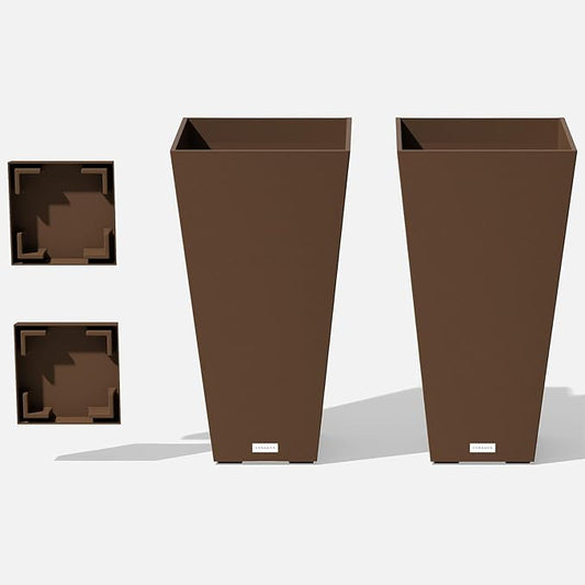 Veradek V-Resin Indoor/Outdoor Taper Planter (Espresso, 30 inch - 2 Pack with 2 Saucer Trays)