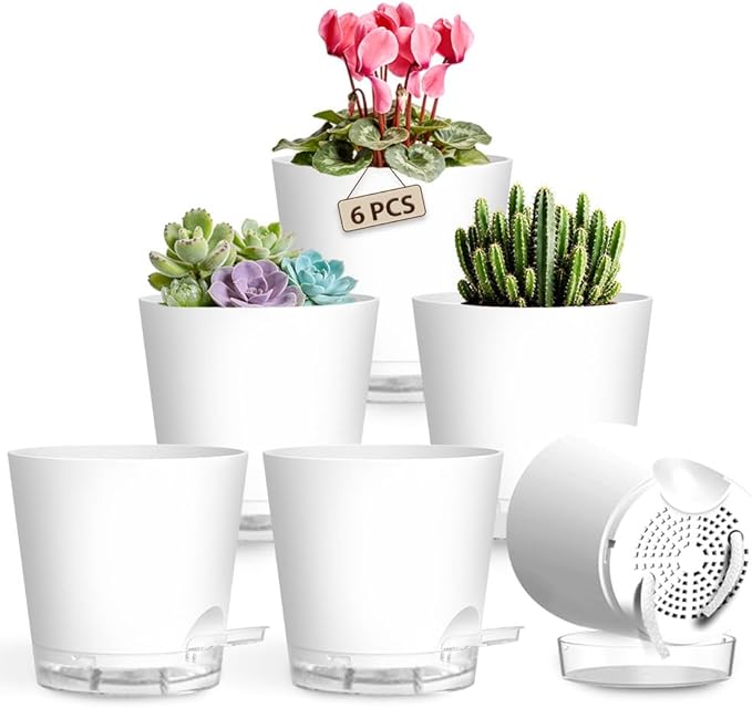 Self Watering Pots for Plants, 2026 New Flower Plant Pots with Drainage Holes, Wicking and Clear Reservoirs for Succulent, Aloe, Cacti and Others - 6 Pack (White, 4")