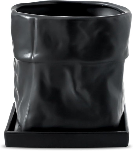 Nihow Ceramic Plant Pot: 6 Inch Planter with Drainage Hole & Square Saucer for Herbs/Plants, Bag Shape Design Flower Pot for Indoor & Outdoor Garden Decor - Black