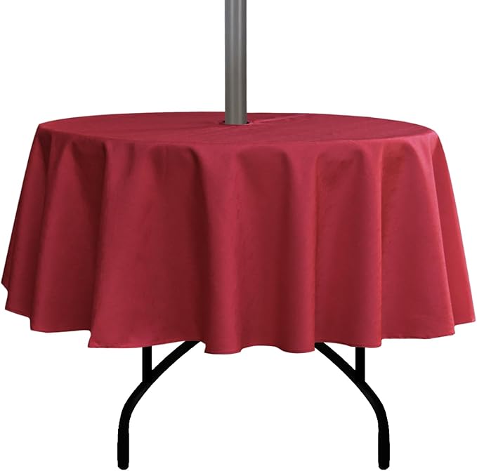 Outdoor Tablecloth Wrinkle-Free Stain Resistant Waterproof Polyester Fabric Table Cover with Zipper Umbrella Hole for Picnic/Party/Dinner/Patio Garden(70inch Round,Zippered,Red)