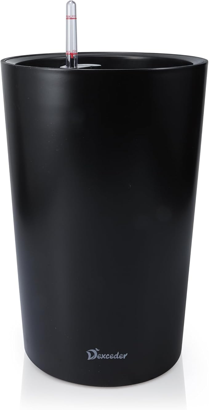 Dexceder 16x12 Tall Self Watering Planter High Cylinder Indoor Outdoor, Thickened Large Floor Standing Flower Plant Pot with Water Level Indicator (Black Matte)