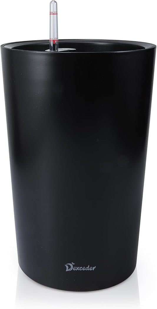 Dexceder 16x12 Tall Self Watering Planter High Cylinder Indoor Outdoor, Thickened Large Floor Standing Flower Plant Pot with Water Level Indicator (Black Matte)
