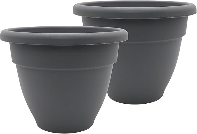 The HC Companies 12 Inch Caribbean Planter Pots with Drainage & Plug, Rolled Rim Plastic Planters for Indoor & Outdoor Plants, 2-Pack Decorative Flower Pots for Garden, Office & Home Decor, Warm Gray