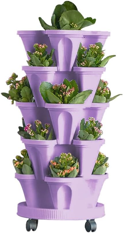 Vertical Planter 5 Tiered,Stackable Planters for Strawberry Herb Flower and Vegetable Stacking Garden Tower Gardening Pots with Removable Wheels and Bottom Indoor Outdoor
