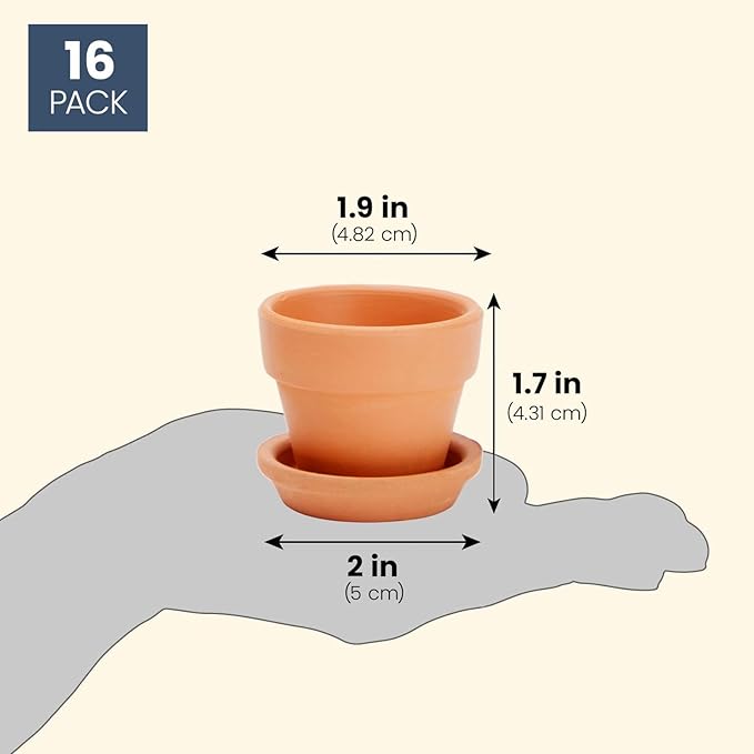 Juvale Miniature Clay Pots with Saucers & Drainage Holes - 1.9 x 2 x 1.7 inches - 16-Pack Rustic Terracotta Succulent Planters - Tiny Terracotta Pots with Tray for Garden Decor