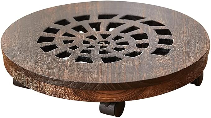 Wood Plant Caddy, Heavy Duty Rolling Planter Dolly With Rotating Casters, Movable Flower Pot Stand, Round Plant Rack With Lockable Wheels (10 Inch)