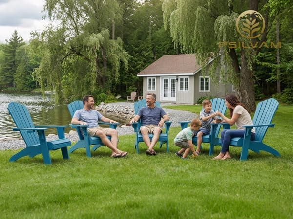 Psilvam Adirondack Chair, Oversized Poly Lumber Fire Pit Chair with Cup Holder, 350Lbs Support Patio Chairs for Garden, Weather Resistant Outdoors Seating, Relaxing Gift for Father & Mother (4, Blue)