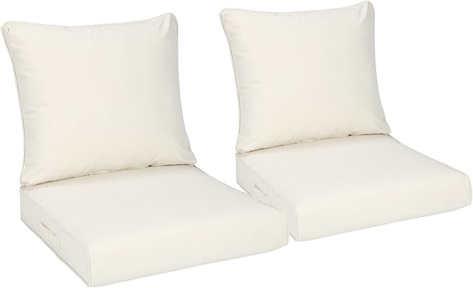 Aoodor 23" x 26" Patio Deep Seat Cushion Set, Water Resistant & Fade Resistant Outdoor Furniture Cushions with Adjustable Straps for Patio, Deck, Garden, Set of 2, Ivory
