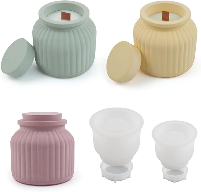 Storage Box With Lids, Silicone Candle Jar Molds Set, Creative Vessels Pot Molds, Concrete Round Stripe With Cover Bottle Making Moulds for Holder (L-2Pcs)
