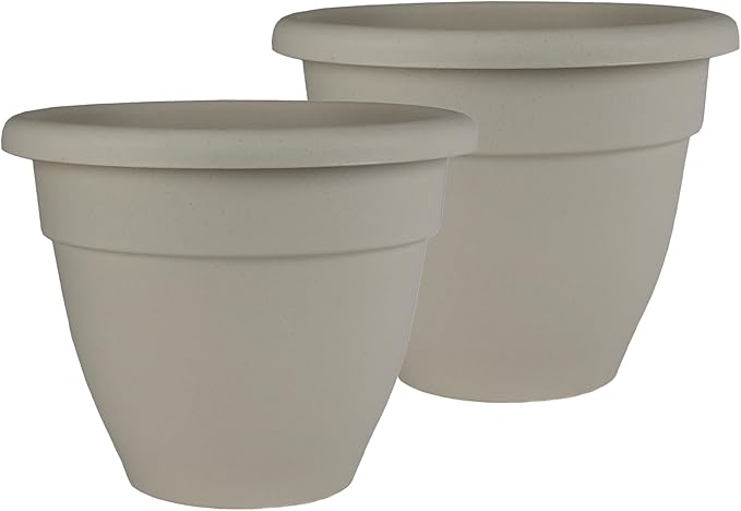 The HC Companies 10 Inch Caribbean Planter Pots w/Drainage & Plug, Rolled Rim Plastic Planters for Indoor Outdoor Plants, 2-Pack Decorative Flower Pots for Garden, Office & Home Decor, Cottage Stone