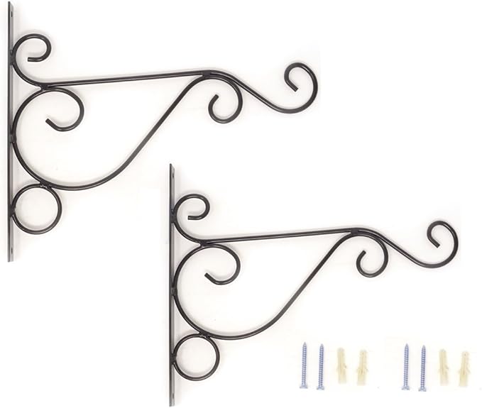 yueton Plant Bracket Hanger 2 Set of 10 Inch Fancy Curved Hook Cast Iron Wall Hooks for Bird Feeders Planters Lanterns Wind Chimes As Wall Brackets (Black)