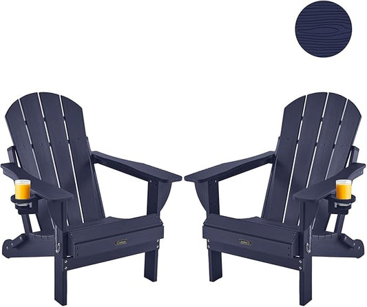 Ciokea Folding Adirondack Chairs Set of 2, Patio Adirondack Chair Weather Resistant, Plastic Fire Pit Chair with Cup Holder, Lawn Chair for Outdoor Porch Garden Backyard Deck, Dark Navy Blue