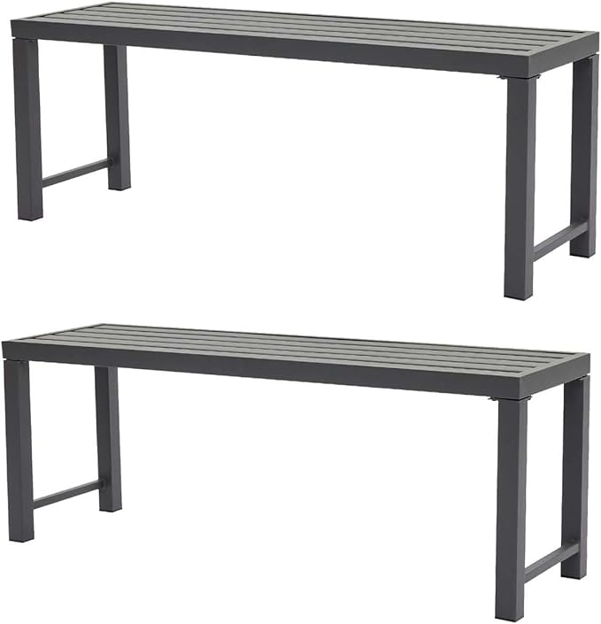 Outdoor Metal Backless Bench, Set of 2,Weatherproof Patio Bench with Slatted Seat, All-Weather Garden Bench for Porch, Patio, Lawn and Backyard, Grey