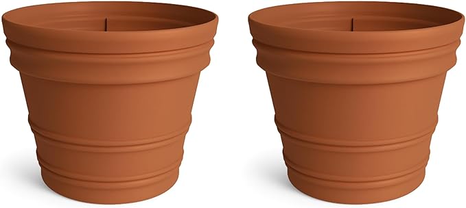 Bloem Rolled Rim 22" Round Planter Pot - Terra Cotta Resin Indoor or Outdoor Gardening Planter with Knockout Drainage, 2-Pack