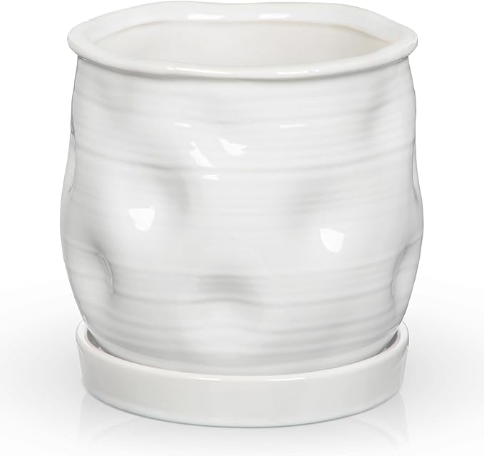 Oairse 5.7 inch Ceramic Pots for Plants, Plant Pot with Drainage Hole and Saucer White Ceramic Indoor Planter with Tray Decorative Flower Pots for Succulent, Cactus, Snake Plant, Herb Indoor Outdoor