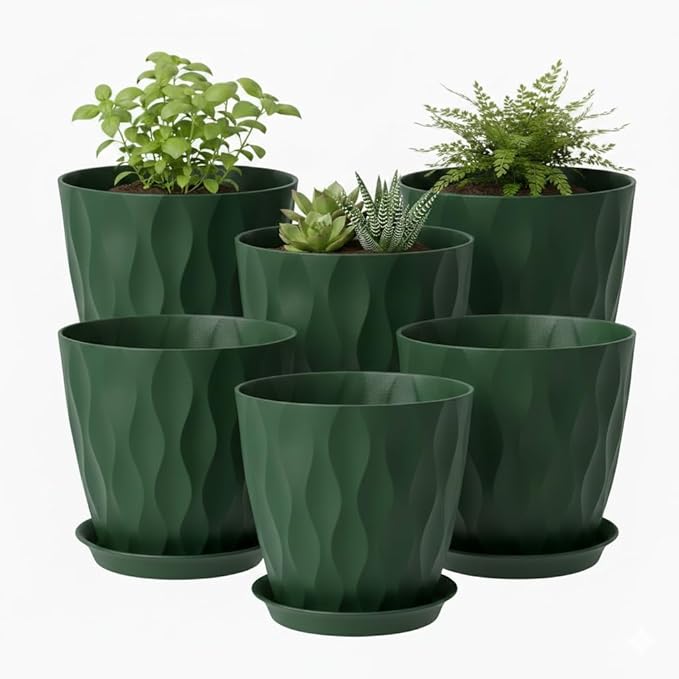 Plant Pots 8 Inch, 6 Pack Plastic Flower Pots for Indoor & Outdoor Plants, Planters with Drainage Holes and Saucer, Garden Pot for Plants (Deep Green)