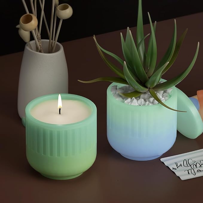 Storage Box with Lids, Silicone Candle Jar Molds Set, Creative Vessels Pot Molds, Concrete Round Stripe with Cover Bottle Making Moulds for Storage Holder (D-Striped-I)