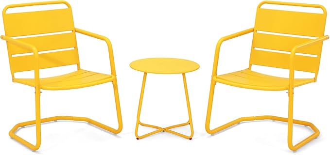 MELLCOM 3 Piece Patio Set, Small Patio Furniture Set - 2 C-Spring Metal Chairs with Round Side Table, Outdoor Bistro Set for Balcony, Front Porch, Poolside, Garden, Deck, Yellow
