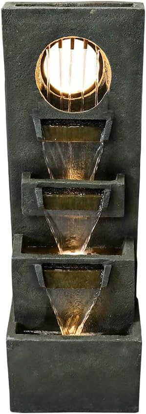 Modern Indoor Outdoor Waterfall Fountain - 39.3”Tall Relaxing Soothing Outdoor Freestanding Fountains with Lights&Pump, 4-Tier Outdoor Garden Fountain for House, Office, Garden, Patio
