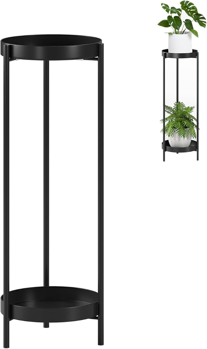 2 Tiers Tall Plant Stand - 30" Indoor Outdoor Metal Flower Pot Holder Shelf for Multiple Plants, Removable Display Rack for Living Room Bedroom Patio Garden & Balcony Corner (Black)