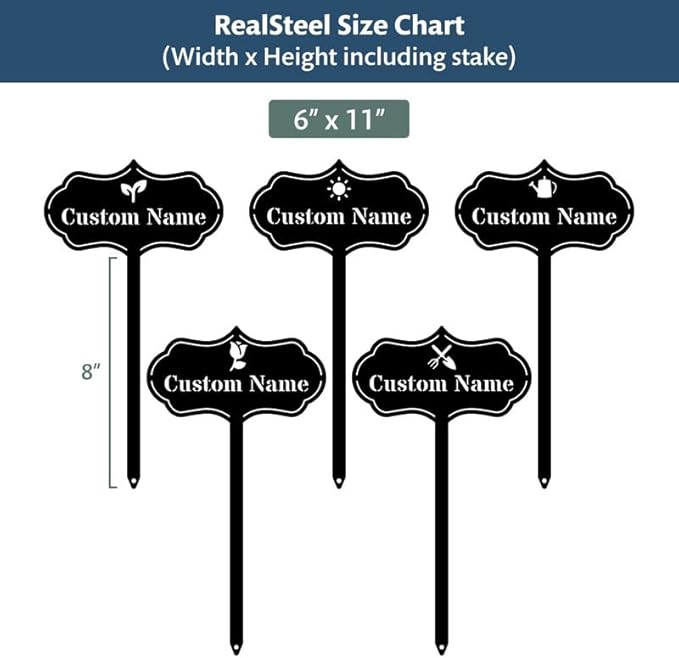 RealSteel Custom Seed & Plant Markers – Metal Garden Stakes for Herbs, Fruits & Vegetables | Elegant Steel Plant Labels for Pots, Raised Beds & Outdoor Gardens | Farmhouse & Greenhouse | Sun Icon