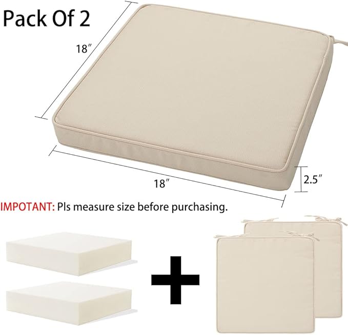 Magpie Fabrics Indoor Outdoor Waterproof Square Chair Cushion, 18" x 18" x 2.5", 2 Pack, Water Resistant Seat Cushions, for Patio Garden Office, Olefin Beige
