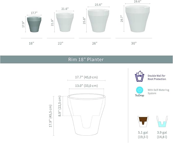 Crescent Garden TruDrop Rim Modern Self Watering Planter with Water Level Indicator, Indoor/Outdoor Weather-Safe Round Plant Pot, Grow Healthy Plants & Flowers - 18" W (Bark)