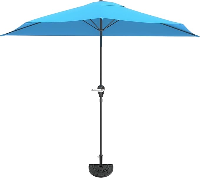 9-Ft Half Patio Umbrella Easy Crank Semicircle Balcony Shade with 20lb Weighted Base for Deck, Porch, or Against a Wall by Pure Garden (Bright Blue)