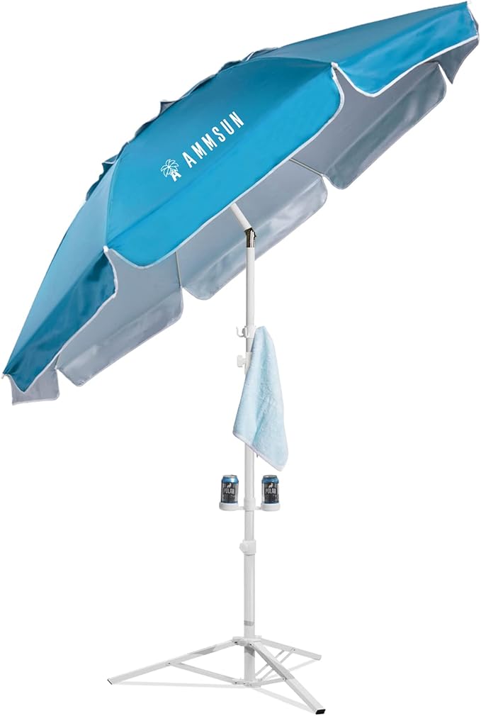 AMMSUN Shade Umbrella, Premium Portable Umbrella with Stand, 6.5ft Lightweight Free Standing Canopy for Sporting Games, Adjustable Instant Sun Protection and Easy to Carry, Light Blue