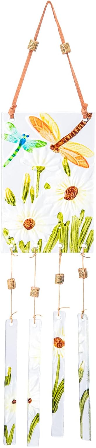 MUMTOP Wind Chimes for Outside-Wind Chimes Outdoor - Dragonfly and Daisy Colorful Stained Glass WindChimes Hanging Ornaments for Home Garden Decor