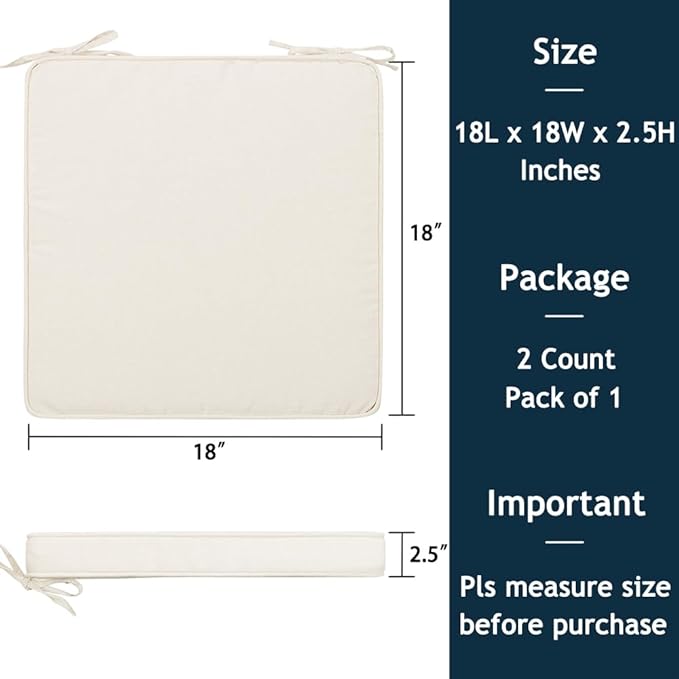 Magpie Fabrics Square Corner Seat Cushion, 18" x 18" x 2.5", 2 Pack, Indoor/Outdoor Waterproof Weather Resistant Universal Chair Pads for Patio Garden Dining - Cream Beige