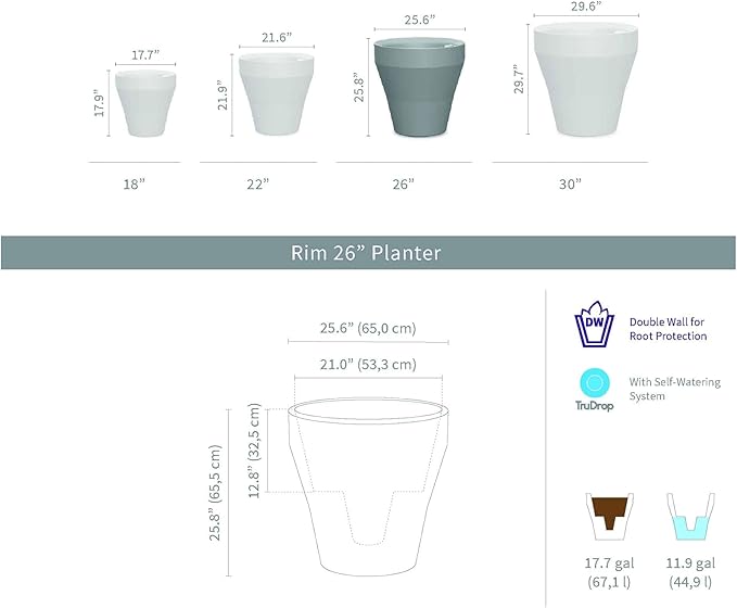 Crescent Garden TruDrop Rim Modern Self Watering Planter with Water Level Indicator, Indoor/Outdoor Weather-Safe Round Plant Pot, Grow Healthy Plants & Flowers - 26" W (Currant)