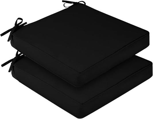 downluxe Waterproof Outdoor Chair Cushions Set of 2, 19" x 19" x 3" Patio Chair Cushion with Non-Slip Ties & Handle, Square Outdoor Cushion for Patio Furniture with Removable Cover, Black