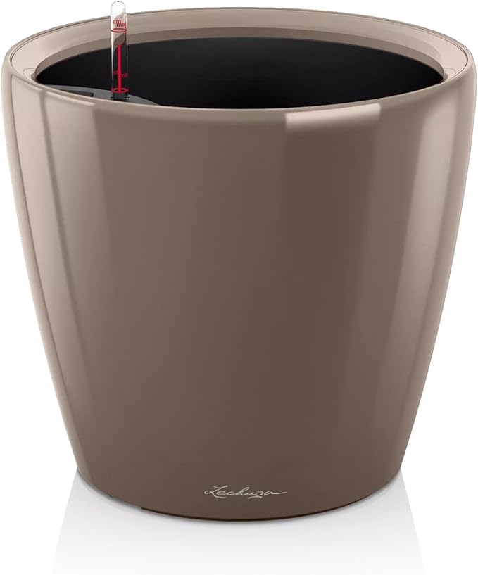 Lechuza Classico LS 43 Shiny Taupe High Gloss, Self-Watering Round Planter, D16.9 H15.7 in
