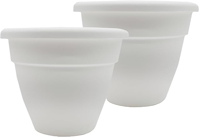 The HC Companies 14 Inch Caribbean Planter Pots with Drainage & Plug, Rolled Rim Plastic Planters for Indoor & Outdoor Plants, 2-Pack Decorative Flower Pots for Garden, Office & Home Decor, White