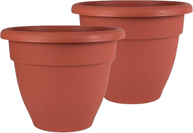 The HC Companies 14 Inch Caribbean Planter Pots with Drainage & Plug, Rolled Rim Plastic Planters for Indoor & Outdoor Plants, 2-Pack Decorative Flower Pots for Garden, Office & Home Decor, Clay