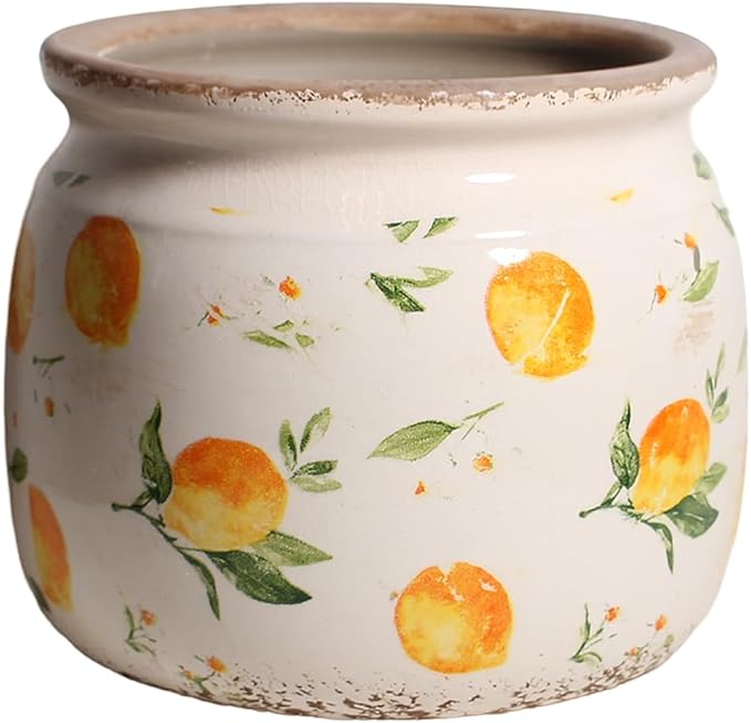 Retro Lemon Ceramic Planters, 6.29 Inch Vintage Plant Pots Indoor with Drainage, Yellow Rustic Crackle Glaze Pottery Flower Vase, Home & Kitchen Decor for Room Bookshelf Dining Table, Gifts for Women