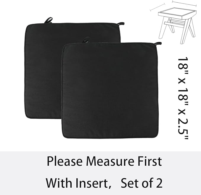 Outdoor Chair Cushions 18x18 Inch,Set of 2,Water Resistant Chair Pads with Ties,Square Seat Cushion 18"x18"x2.5",Patio Chair Cushion for Garden,Backyard Furniture(Black)