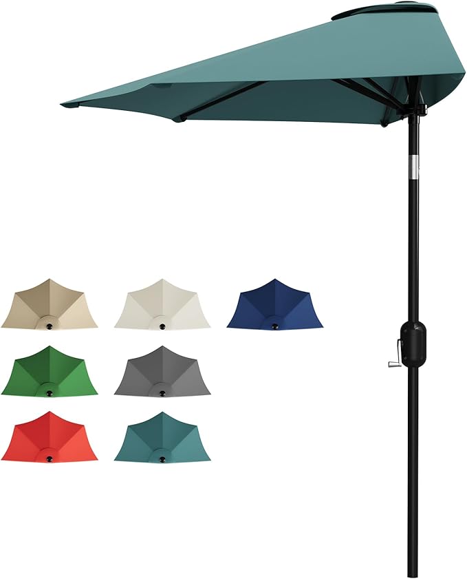 Garvee Patio Umbrella 9FT - Half Umbrella Outdoor with Smooth Crank Lift, Outdoor Shade Canopy for Patio, Backyard, Garden, Deck, Balcony -Turquoise