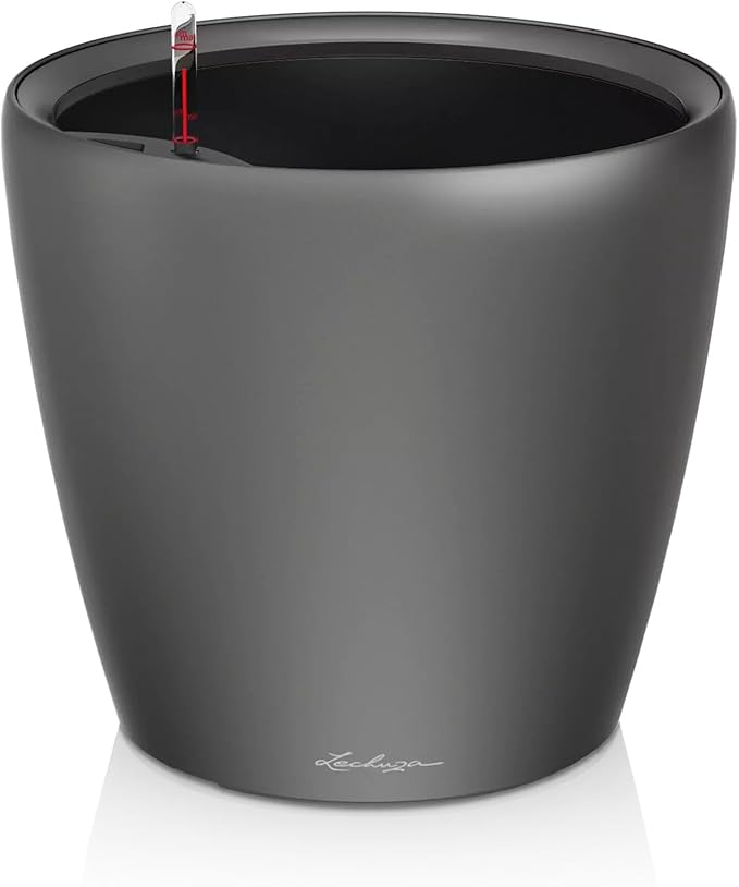 Lechuza Classico LS 35 Charcoal Metallic, Self-Watering Round Planter, D13.8 H13 in