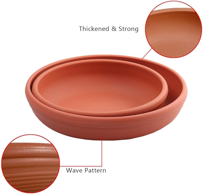 SAROSORA Round Plastic Plant Saucer Drip Tray Set of 6 for Indoor Outdoor Home Garden Flower Plant Container Flower Pot Pallets ((5.8''+7"+8'') x2, Terracotta)