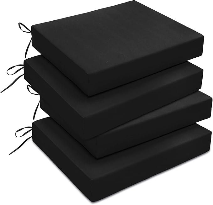 downluxe Outdoor Chair Cushions Set of 4 for Patio Furniture, Water-Resistant Square Corner Patio Chair Cushions with Ties, High Density Foam Outdoor Seat Cushion, 18.5" X 16" X 3", Black